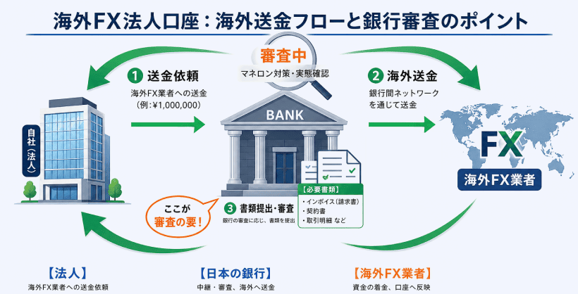 日本の銀行を通じた海外FX業者への送金フローと、マネロン対策に伴う審査の壁を説明した図解