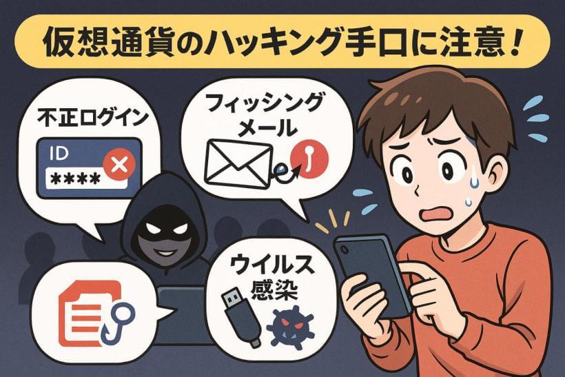 仮想通貨のハッキング手口への注意喚起イラスト