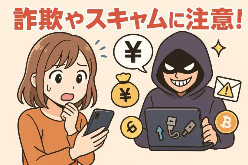 仮想通貨の詐欺やスキャムへの注意を促すイラスト