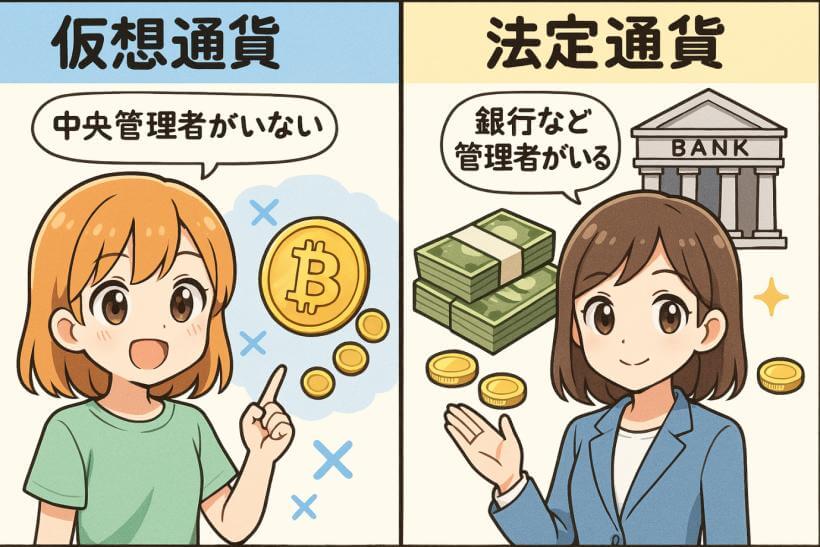仮想通貨（中央管理者なし）と法定通貨（銀行などの管理者がいる）の仕組みの違い