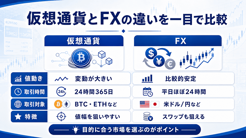 仮想通貨とFXの基本的なスペックを比較した図