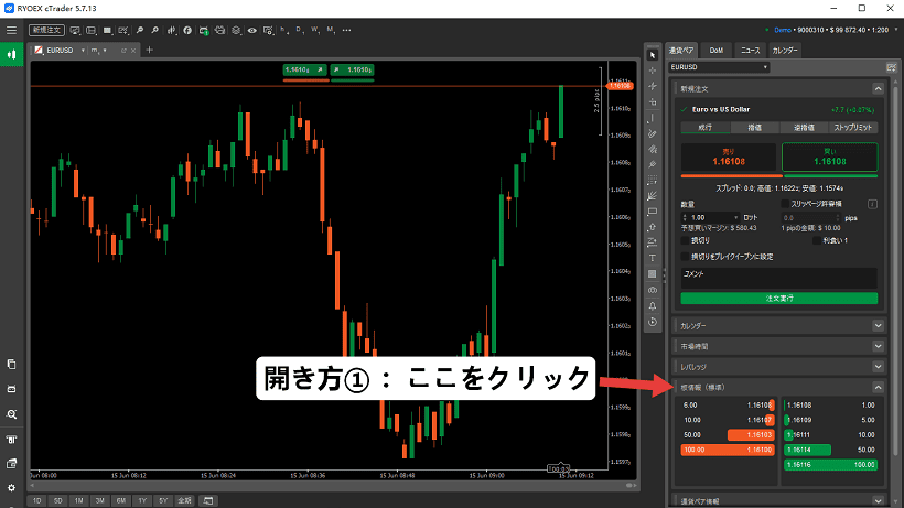 cTraderのアクティブ通貨ペアパネルから板情報（標準）を開く方法