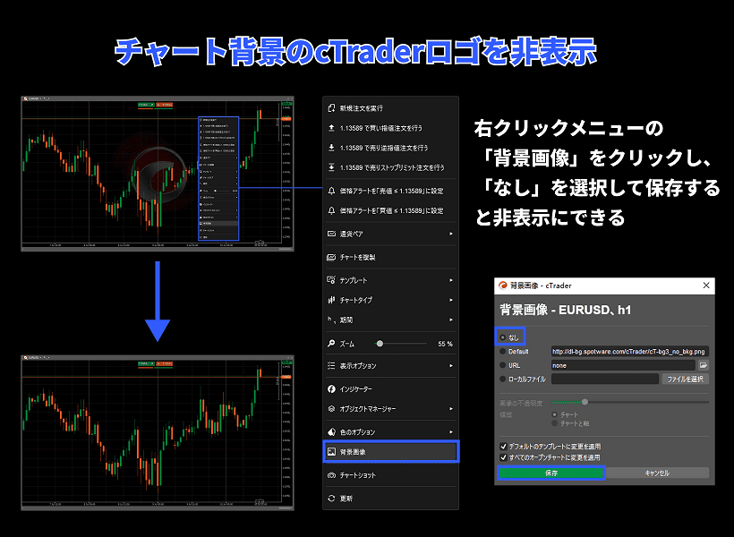 cTraderのチャート背景にあるロゴを非表示にする方法