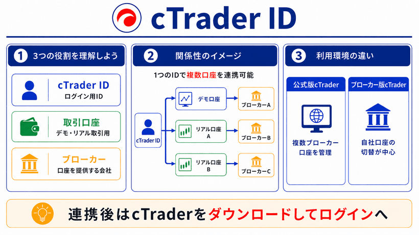 cTrader IDの役割と取引口座・ブローカーとの関係図解