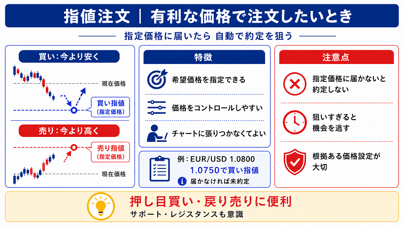 cTraderの指値注文の仕組みと特徴を説明する図解