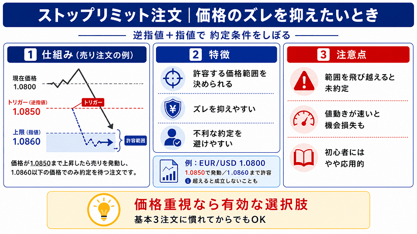 cTraderのストップリミット注文の仕組みと特徴を説明する図解