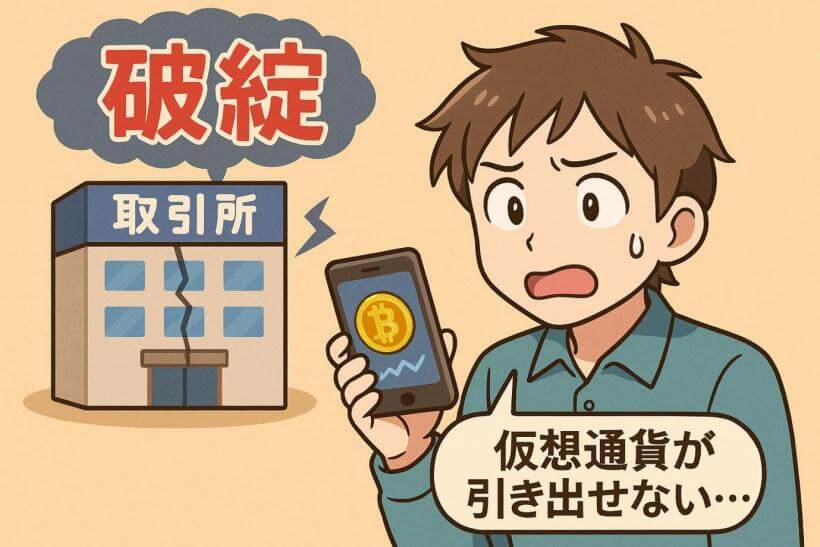 仮想通貨取引所の破綻リスクを説明するイラスト