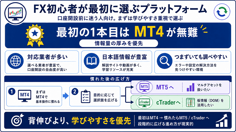 FX初心者が最初に選ぶプラットフォームとしてMT4を推奨する図解