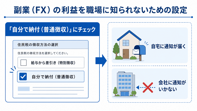 副業FXの利益を職場に知られないために自分で納付を選ぶ設定を示した画像