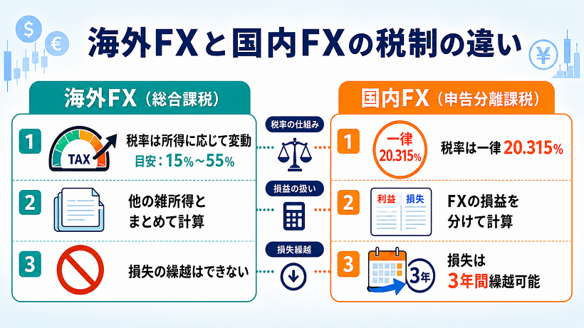 海外FXと国内FXの税率・損益通算・損失繰越の違いを比較した画像