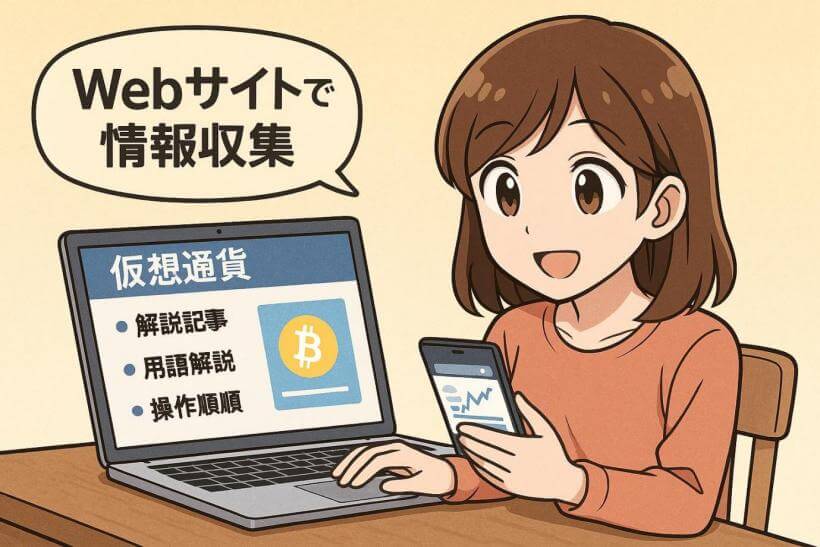 Webサイトで仮想通貨の情報を収集している女性