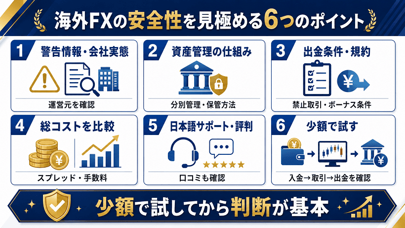 海外FXの安全性を見極める6つのポイントをまとめた図