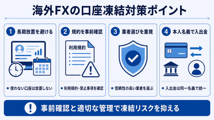 海外FXの口座凍結を防ぐためのポイントを解説した図解