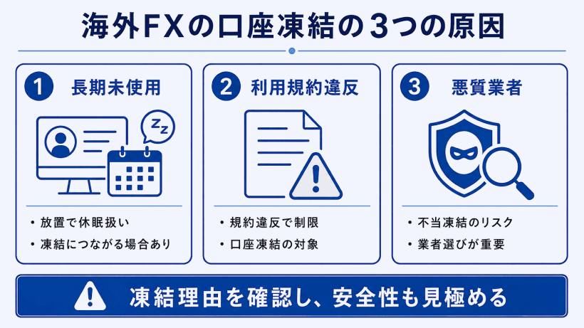 海外FXで口座凍結される3つ原因を解説した図解
