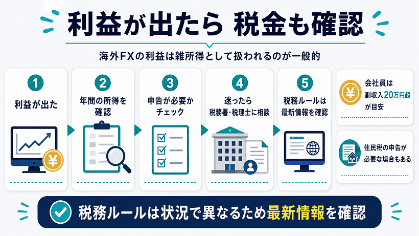 海外FXの利益が出た際に税金を確認する流れを解説した画像