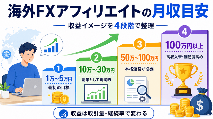 海外FXアフィリエイトの月収目安を4段階でまとめた図