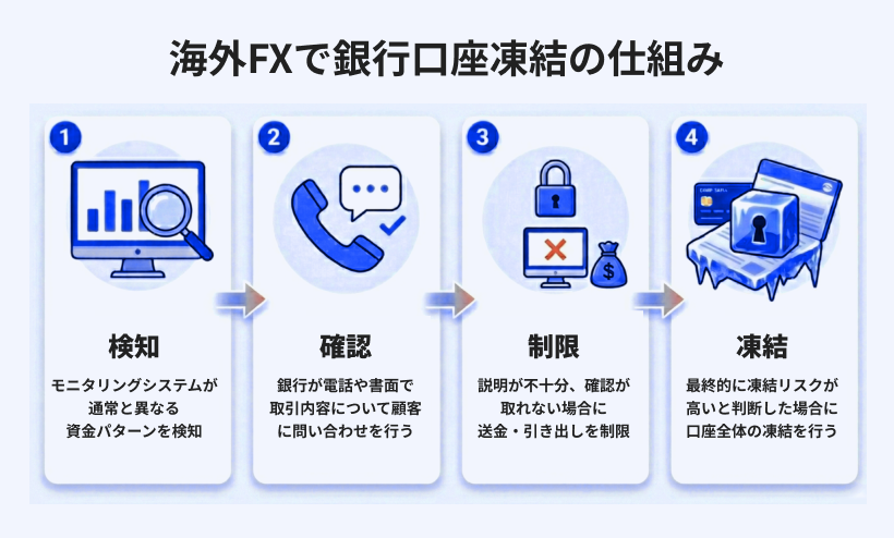 海外FXの銀行口座凍結プロセス：検知から利用制限、凍結完了までの4ステップ図解