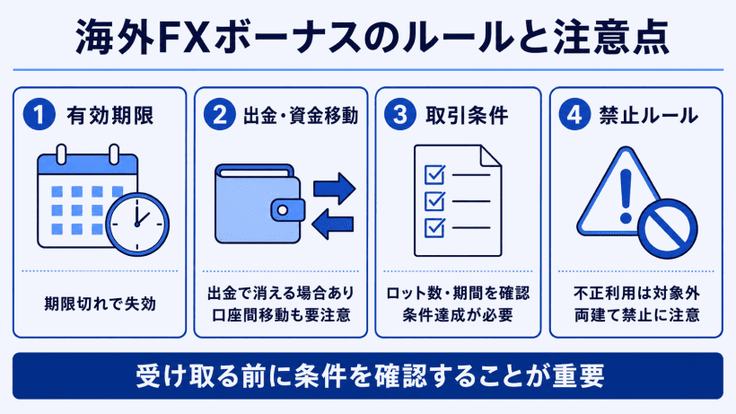 出金時のボーナス消滅や有効期限、禁止事項についての解説図解