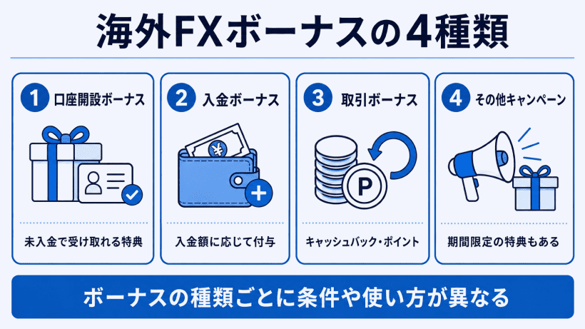 海外FXボーナスの主要な4種類を比較解説した図解