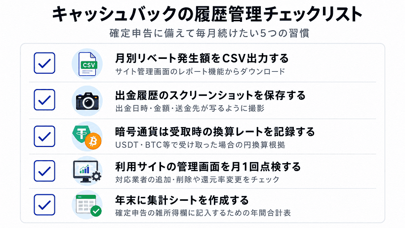 キャッシュバックの履歴管理チェックリスト