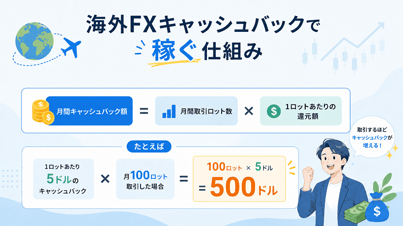 海外FXキャッシュバックで取引量に応じて還元を受け取る仕組みを示した図