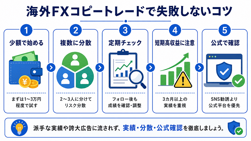 海外FXコピートレードで失敗を防ぐためのポイントをまとめた図