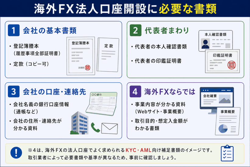 海外FXの法人口座開設に必要となる登記簿謄本や代表者本人確認書類、株主名簿などの書類一覧