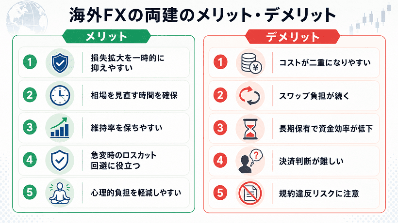 海外FXの両建てのメリットとデメリットを比較した解説図