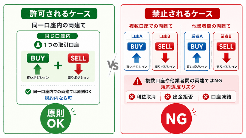 海外FXの両建てが可能な範囲と禁止されるケースを解説する図