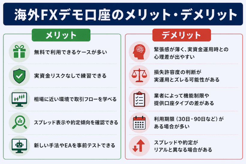 海外FXデモ口座のメリットとデメリットの比較図