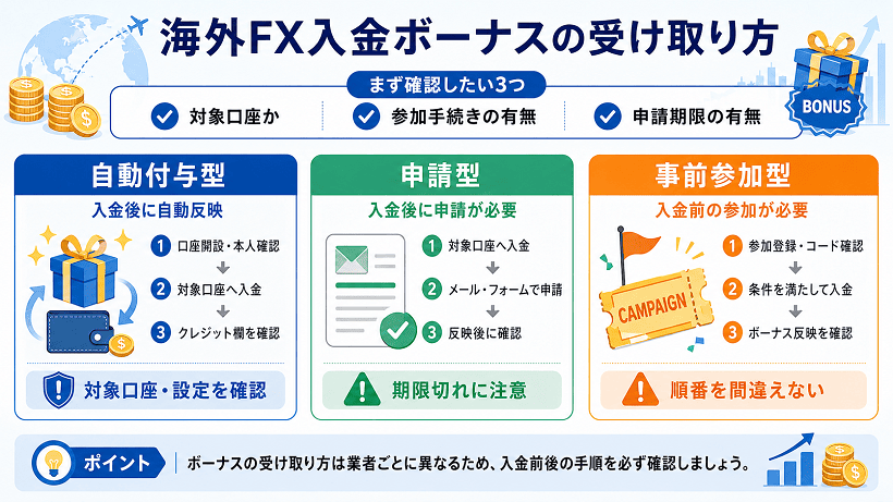 海外FX入金ボーナスの受け取り手順を示した画像