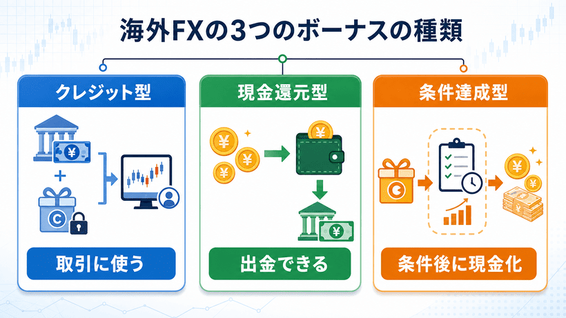 海外FX入金ボーナスの3種類を解説した画像