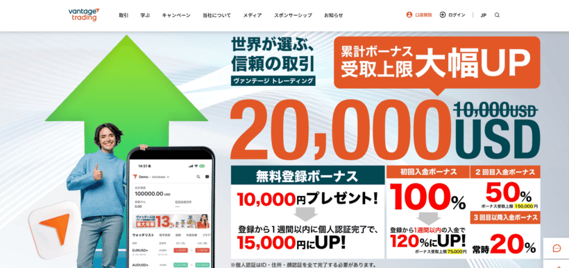 Vantage Trading入金ボーナスの公式ページ