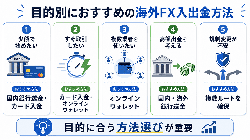 目的におすすめの海外FX入出金方法のまとめ