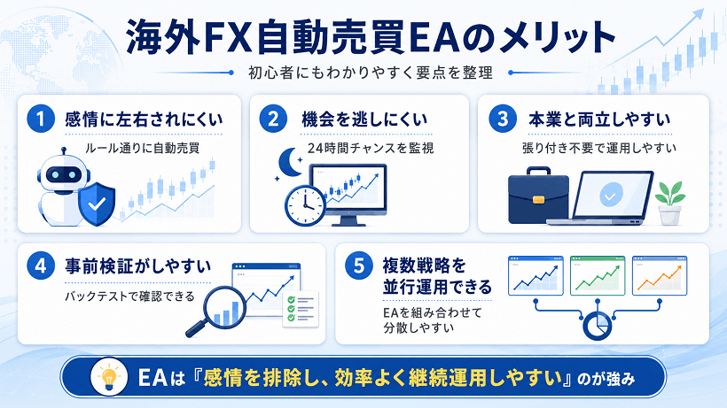 海外FXの自動売買EAを利用するメリットを解説した画像 