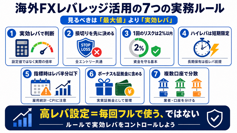 海外FXレバレッジ活用で意識したい7つの実務ルールをまとめた解説図