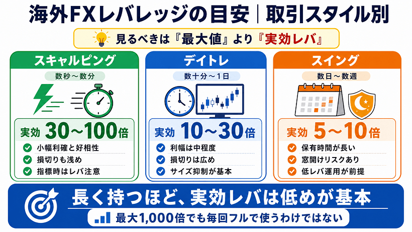 取引スタイル別に海外FXレバレッジの目安を整理した解説図