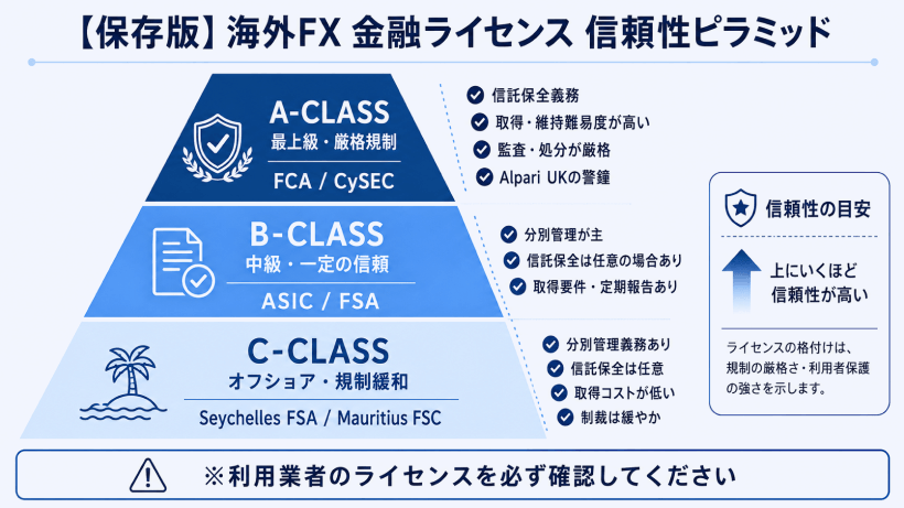 海外FXライセンスの信頼性と規制レベルを比較した図解