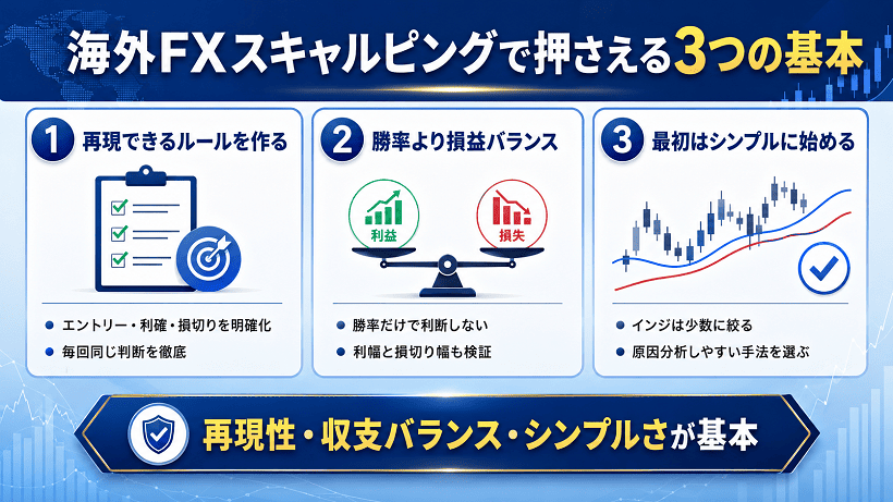 海外FXスキャルピングで押さえる3つの基本をまとめた解説図