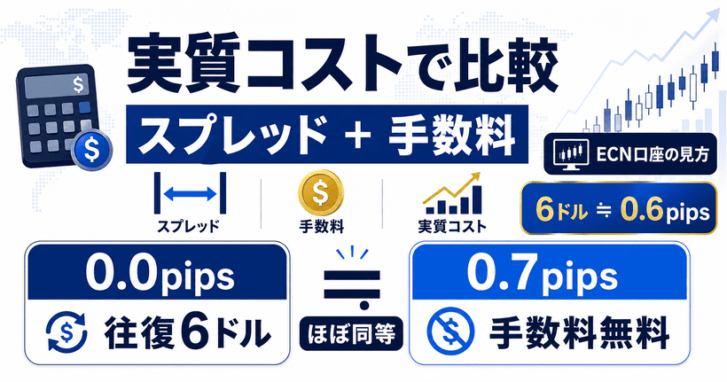 FX口座をスプレッドと取引手数料を含めた実質コストで比較するイメージ