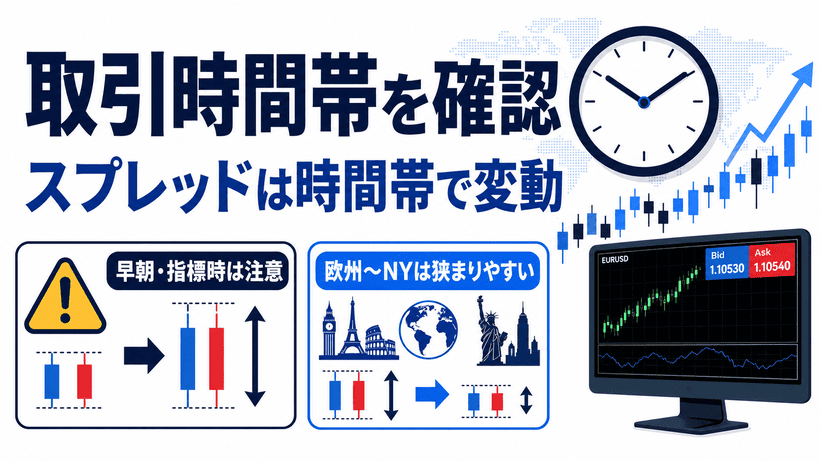 取引時間帯によって変わるスプレッドを確認するポイントを解説する画像