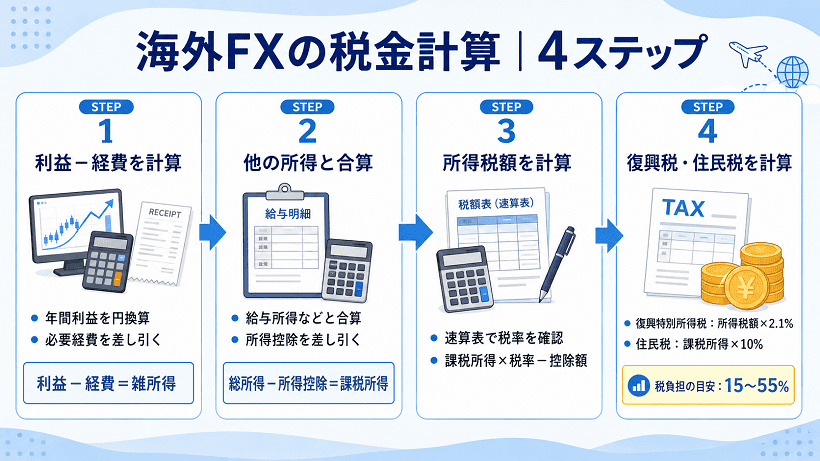 海外FXの税金計算の流れを4ステップで示した解説画像
