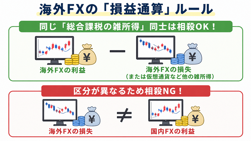 海外FXの利益と損失を損益通算できる範囲を解説した画像 