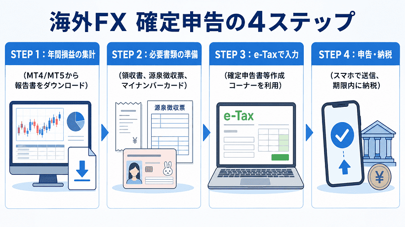 海外FXの確定申告の手順を4ステップで示した解説画像