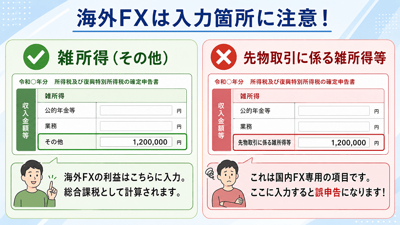 海外FXの確定申告で入力欄を間違えないための注意点を示した画像