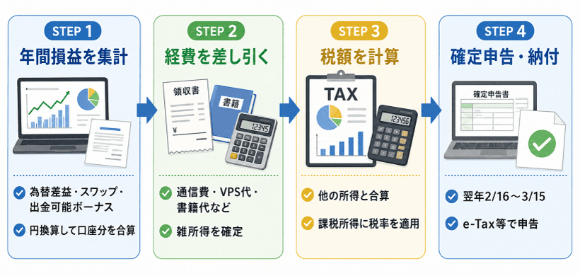 海外FXの利益計算から確定申告までの流れを示した画像