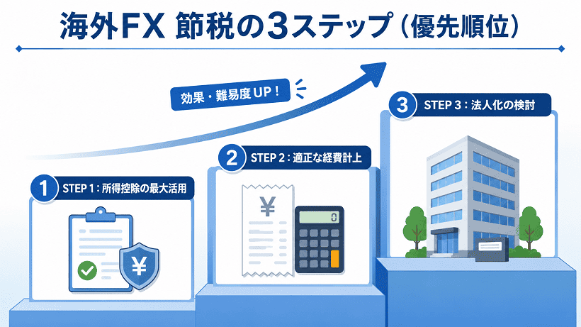 海外FXの節税を優先順位つきで3ステップで解説した画像