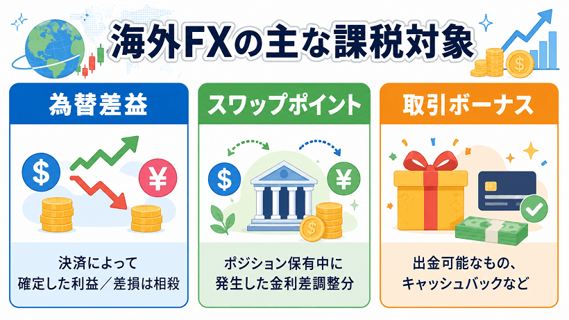 海外FXで課税対象となる主な利益をまとめた画像