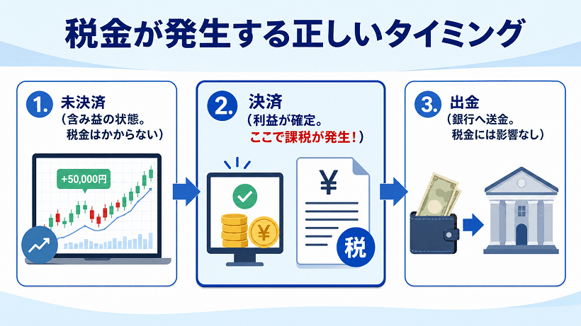 海外FXの利益に税金が発生するタイミングを示した画像