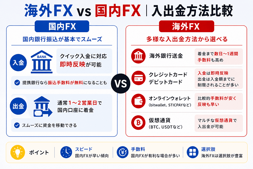 海外FXと国内FXの入出金方法の違いを比較した図解